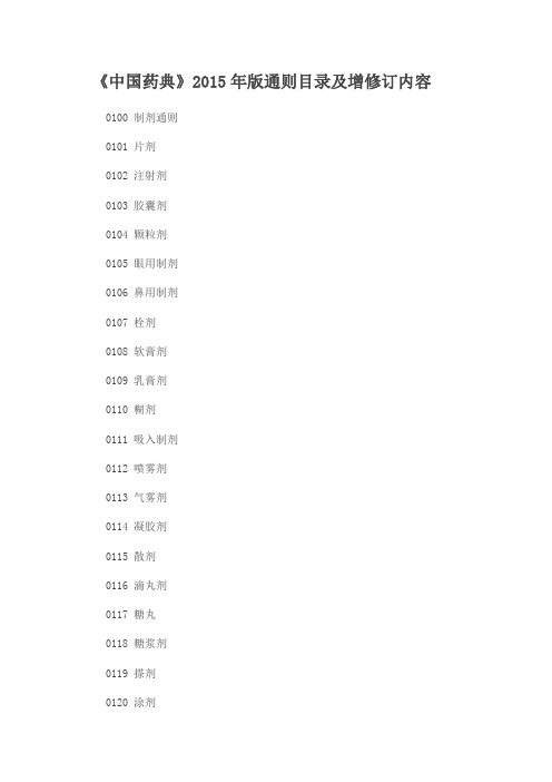 中国药典》2015年版通则目录及增修订内容