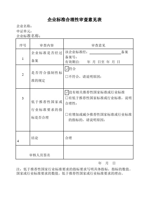 企业标准合理性审查意见表