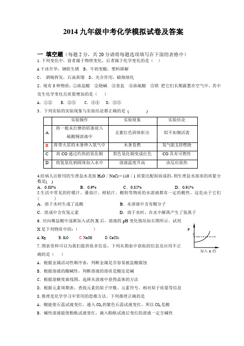 2014九年级化学中考模拟试卷及答案(二)