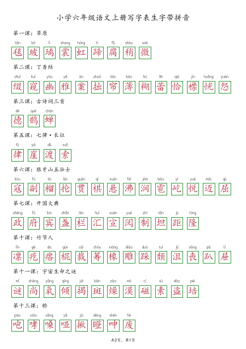 小学六年级语文写字表生字带拼音