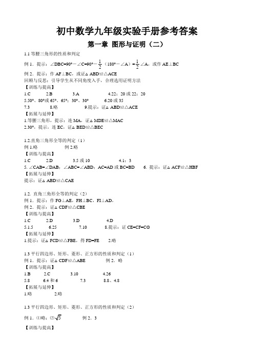 苏科版 九年级数学实验手册答案 上