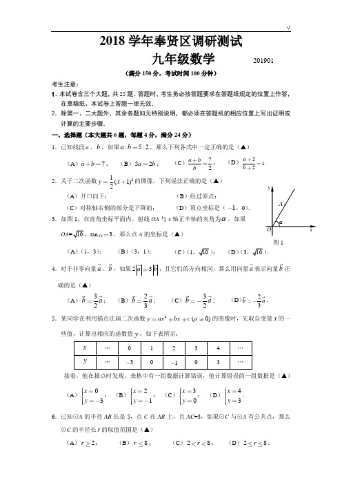 2019年度奉贤区初三数学一模试卷