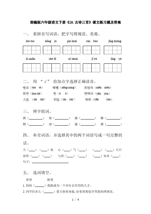 部编版六年级语文下册《10.古诗三首》课文练习题及答案