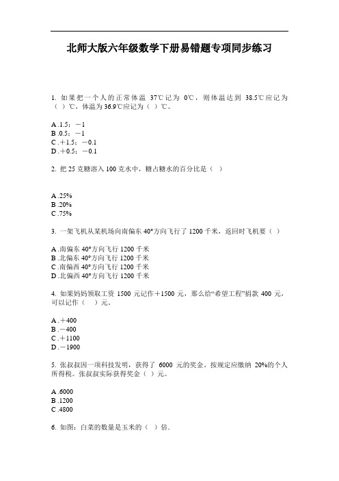 北师大版六年级数学下册易错题专项同步练习