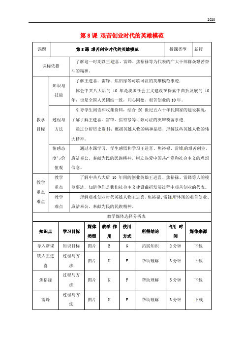 2020八年级历史下册 第二单元 建设之路的曲折探索 第8课 艰苦创业年代的英雄模范教案1 北师大版