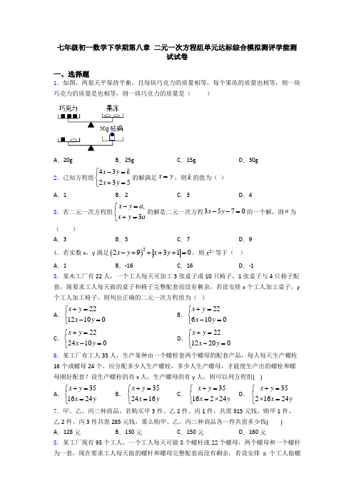 七年级初一数学下学期第八章 二元一次方程组单元达标综合模拟测评学能测试试卷