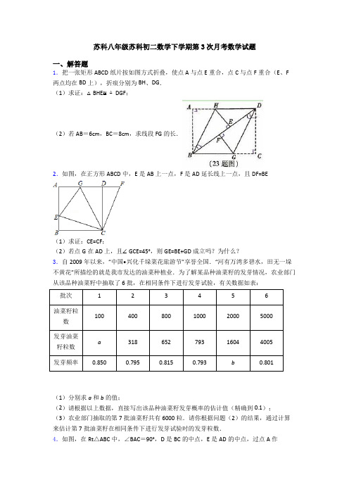 苏科八年级苏科初二数学下学期第3次月考数学试题