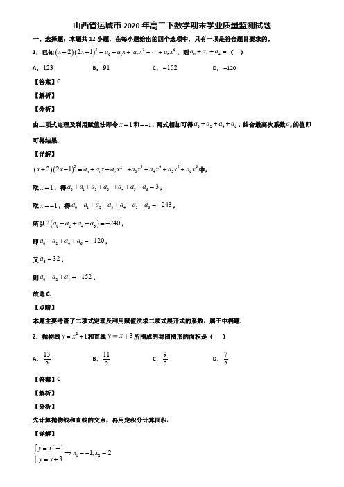 山西省运城市2020年高二下数学期末学业质量监测试题含解析