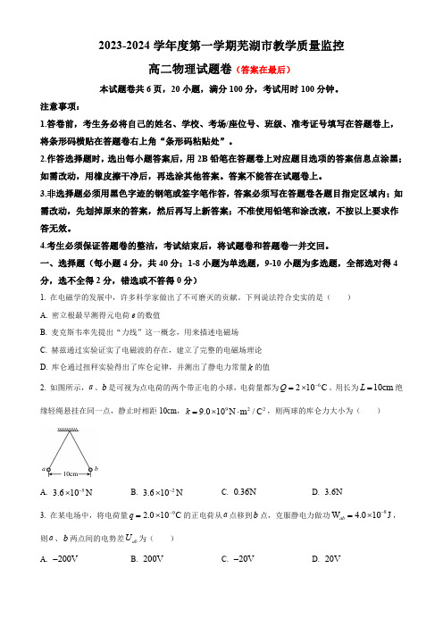 安徽省芜湖市2023-2024学年高二上学期期末考试 物理含解析