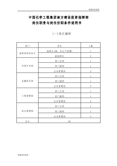 中国化学工程集团南方建设投资指挥部岗位职责与岗位任职条件说明书.doc