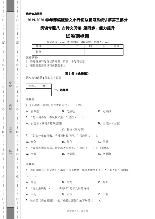 2019-2020学年部编版语文小升初总复习系统讲解第三部分阅读专题八古诗文阅读第四步：能力提升