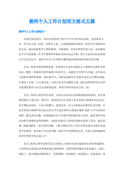 教师个人工作计划范文格式五篇