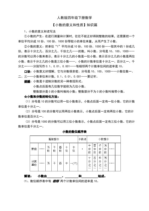 人教四下数学【小数的意义和性质】知识篇