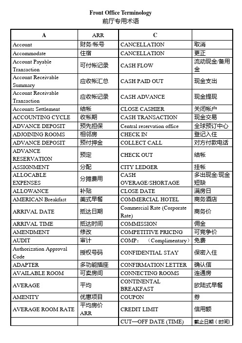 前厅专用术语培训FO-Terminology