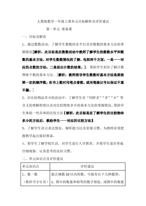 人教版数学小学一年级上册单元目标解析及评价建议