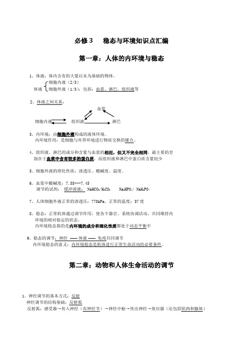 高中生物必修3稳态与环境知识点汇编