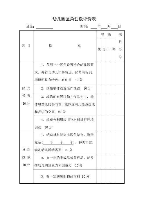 幼儿园区角创设评价表