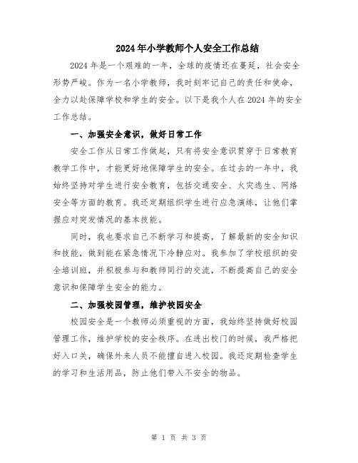 2024年小学教师个人安全工作总结