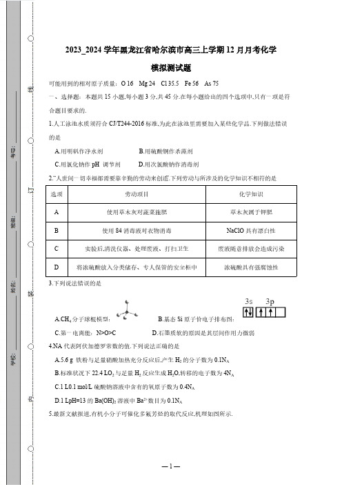 2023_2024学年黑龙江省哈尔滨市高三上学期12月月考化学模拟测试卷(有答案)