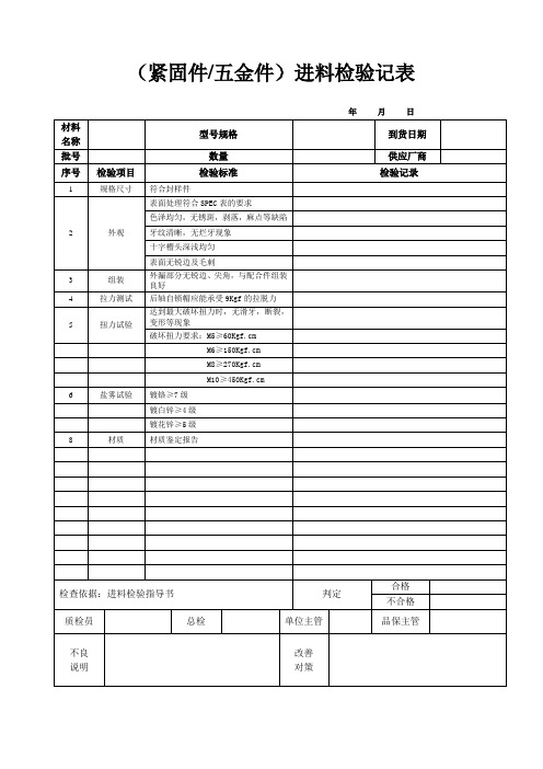 紧固件、五金件进料检验记表