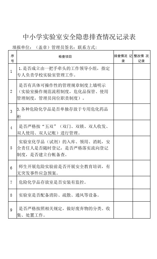 中小学实验室安全隐患排查情况记录表