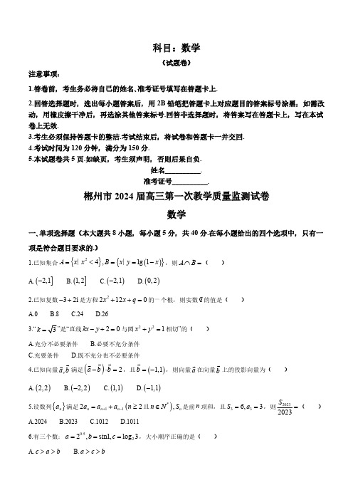 湖南省郴州市2024届高三上学期第一次教学质量监测试卷(10月)数学含答案