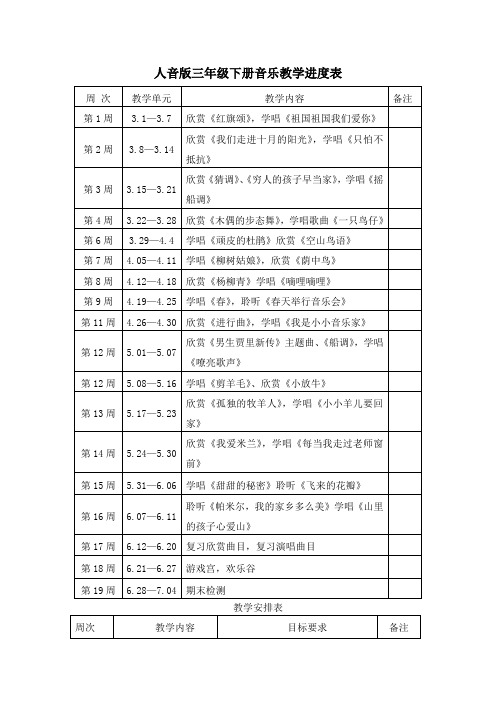 人音版三年级下册音乐教学进度表