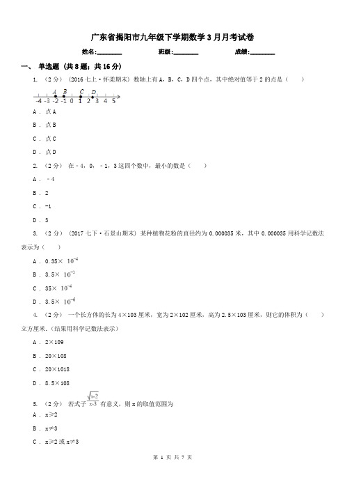 广东省揭阳市九年级下学期数学3月月考试卷