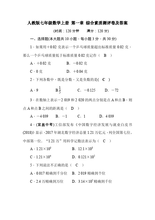 人教版七年级数学上册 第一章 综合素质测评卷及答案