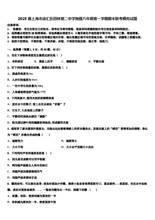 2025届上海市徐汇区田林第二中学物理八年级第一学期期末联考模拟试题含解析