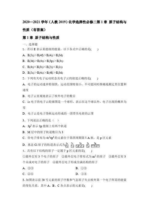 第1章 原子结构与性质练习(有答案)2020—2021学年(人教2019)化学选择性必修二