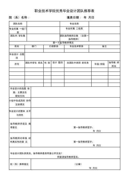 职业技术学院优秀毕业设计团队推荐表