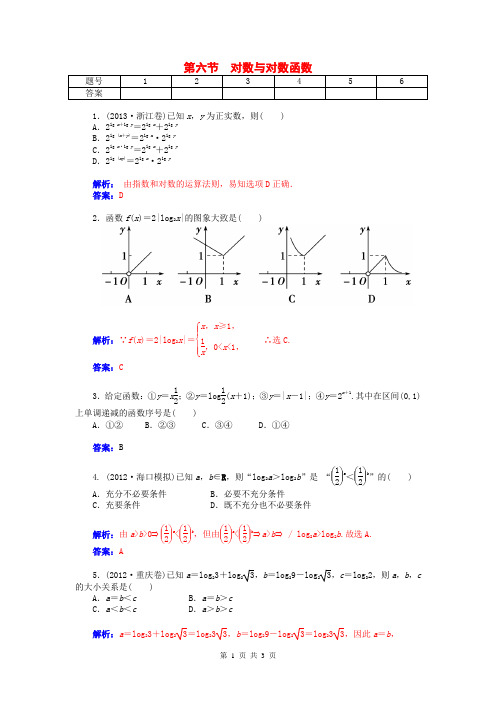 2015届高考数学总复习 第二章 第六节对数与对数函数课时精练试题 文(含解析)