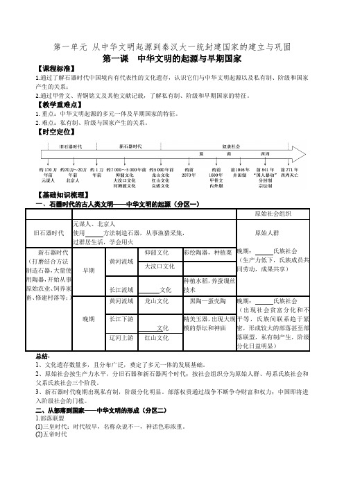 第1课 中华文明的起源与早期国家 (导学案)——高中历史统编版(2019)必修中外历史纲要上册 