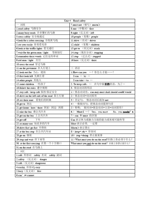 译林牛津版 六年级英语下册6B Unit 4  Road safety 单元知识