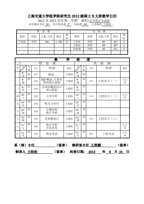 2012医学统计学基础B班课程程安排-王柏松