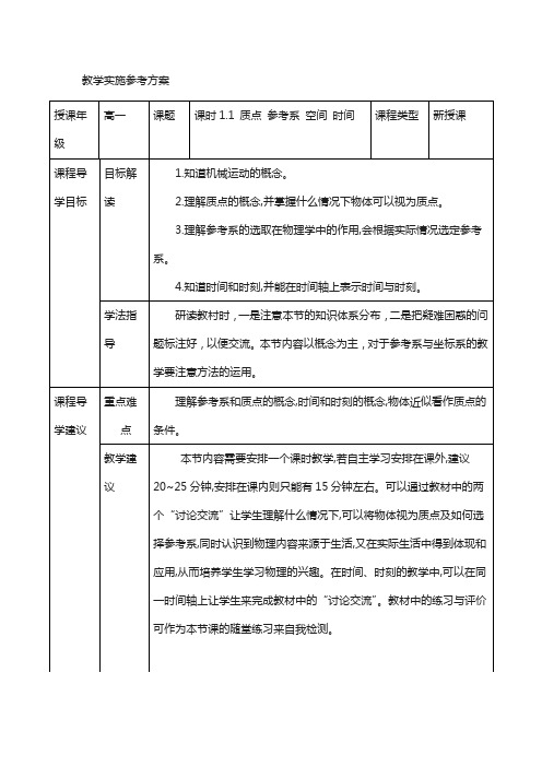 高中物理必修一第一章第一节《质点 参考系 空间 时间》教师教学实施方案