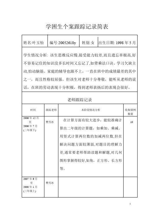 学困生个案跟踪记录简表