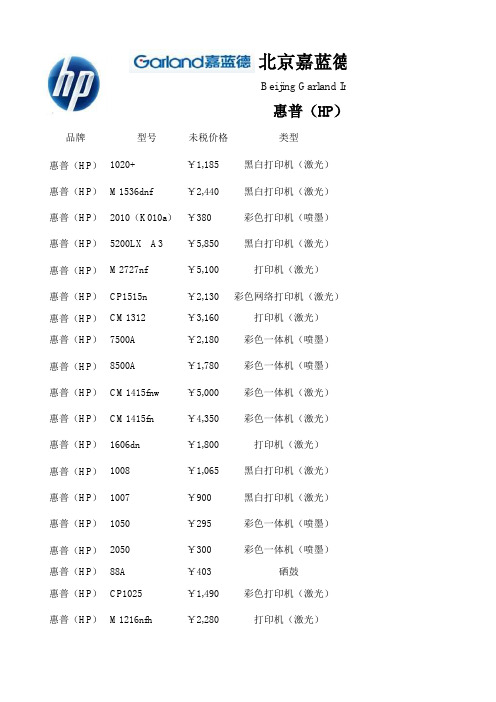 惠普(HP)打印机渠道销售报价