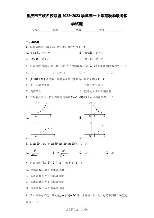 重庆市三峡名校联盟2022-2023学年高一上学期秋季联考数学试题(含答案解析)