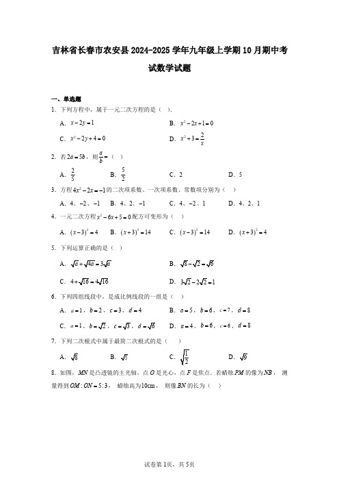 吉林省长春市农安县2024-2025学年九年级上学期10月期中考试数学试题