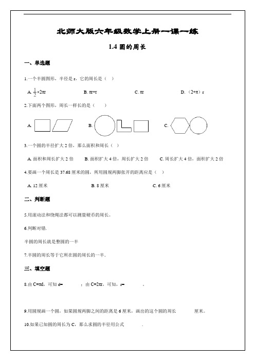 北师大版六年级数学上册一课一练：1.4圆的周长(三)