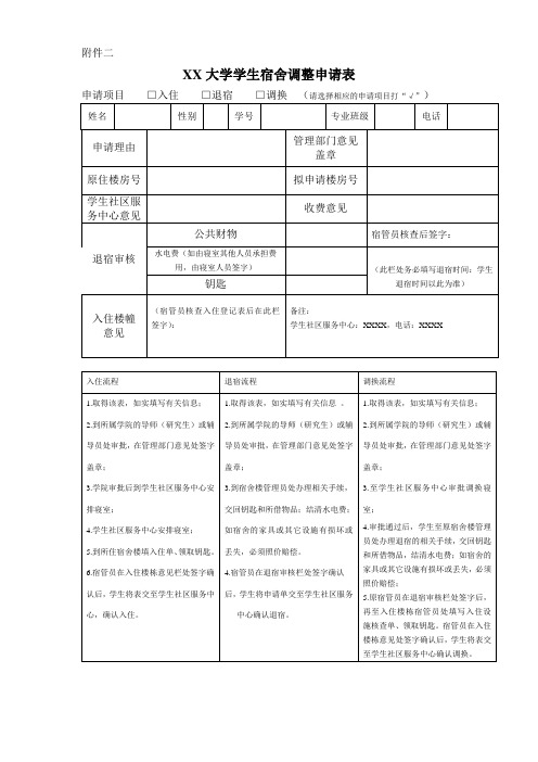 大学学生宿舍调整申请表