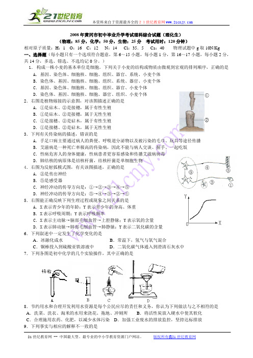 2008年黄冈市初中毕业升学考试理科综合试题(理化生)