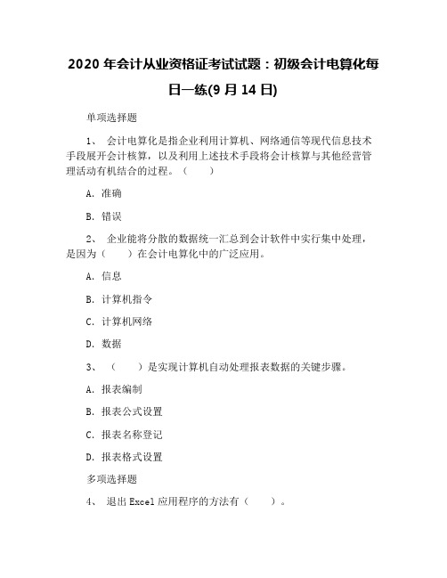 2020年会计从业资格证考试试题：初级会计电算化每日一练(9月14日)