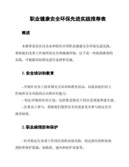 职业健康安全环保先进实践推荐表