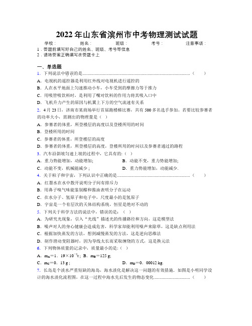 2022年山东省滨州市中考物理测试试题及解析