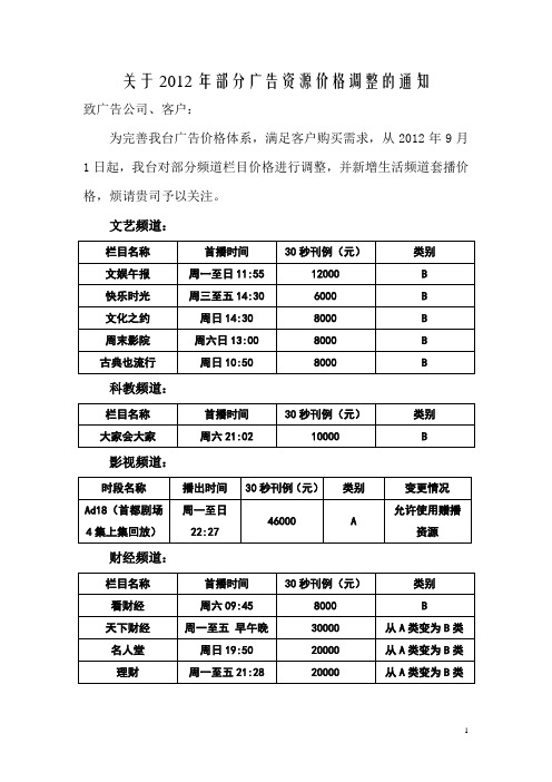 关于2012年部分时段和栏目广告价格调整的通知