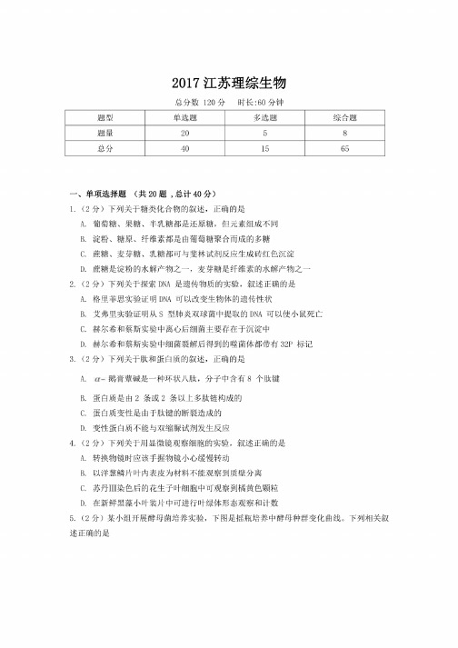 【精校版】2017年高考真题江苏理综生物试题（含答案）