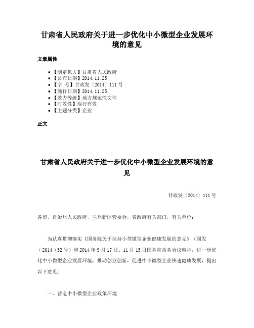 甘肃省人民政府关于进一步优化中小微型企业发展环境的意见